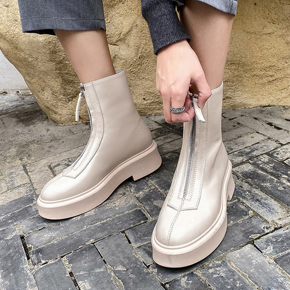 Leather Ankle Boots With Front Zipper All-Match Rider Boots