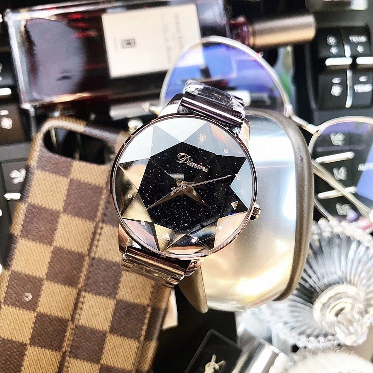 Reloj de mujer con correa de acero púrpura cielo estrellado a la moda de nueva mesa