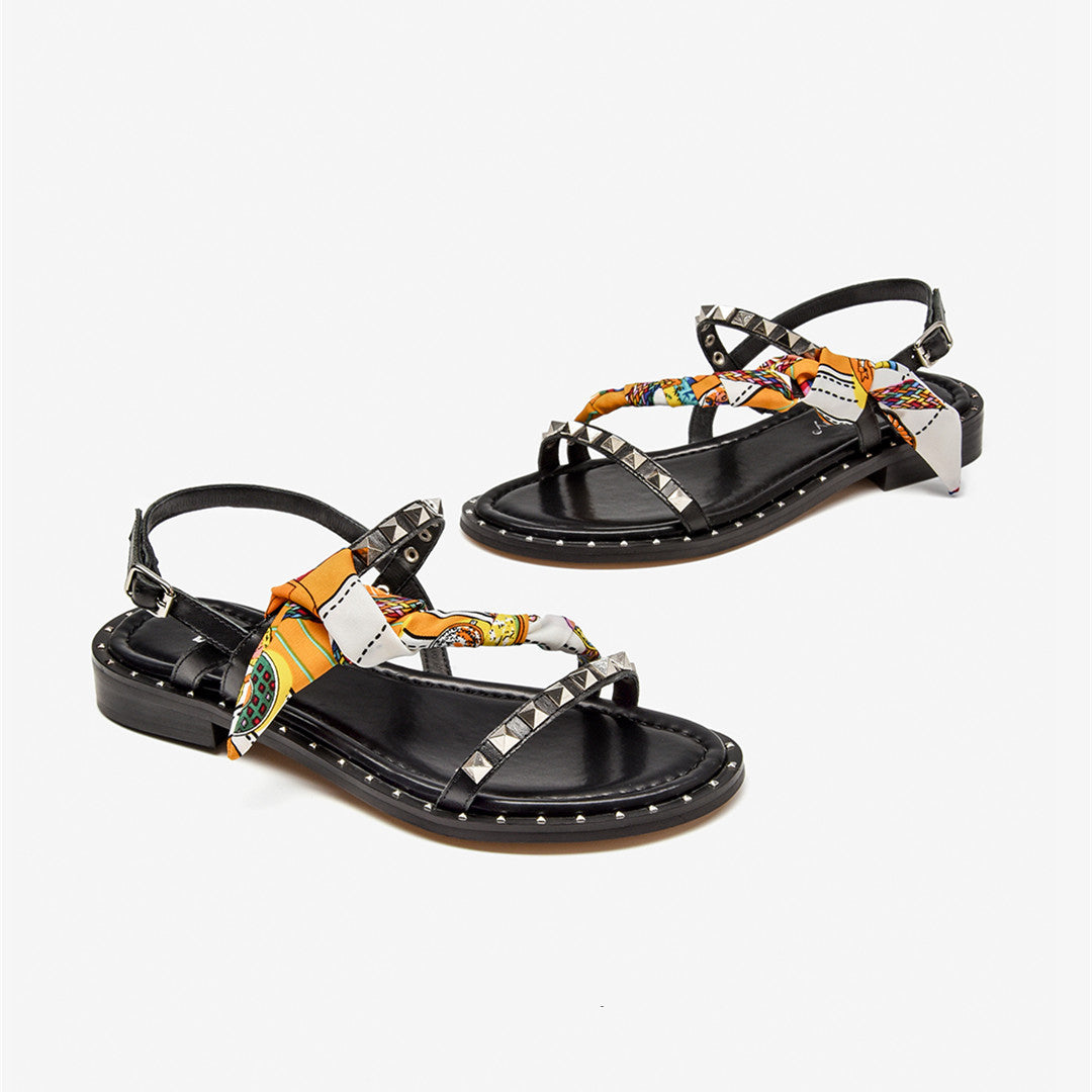 Women's Studded Leather French Niche Flat Sandals