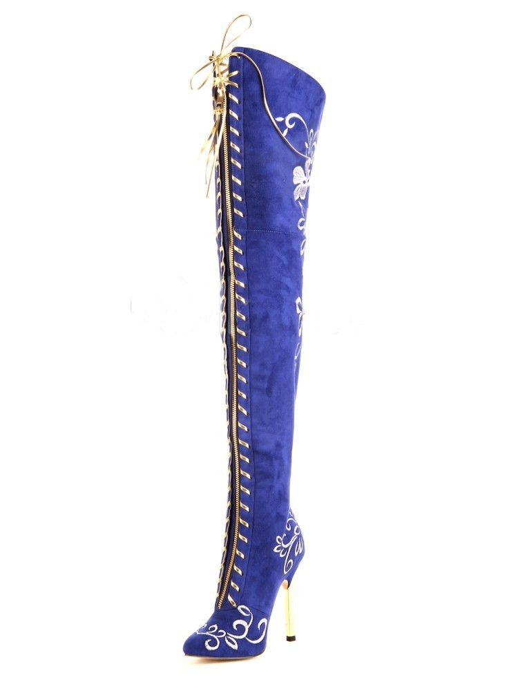 Elegant Embroidered Boots Over The Knee Stylish Zip Stiletto Heel