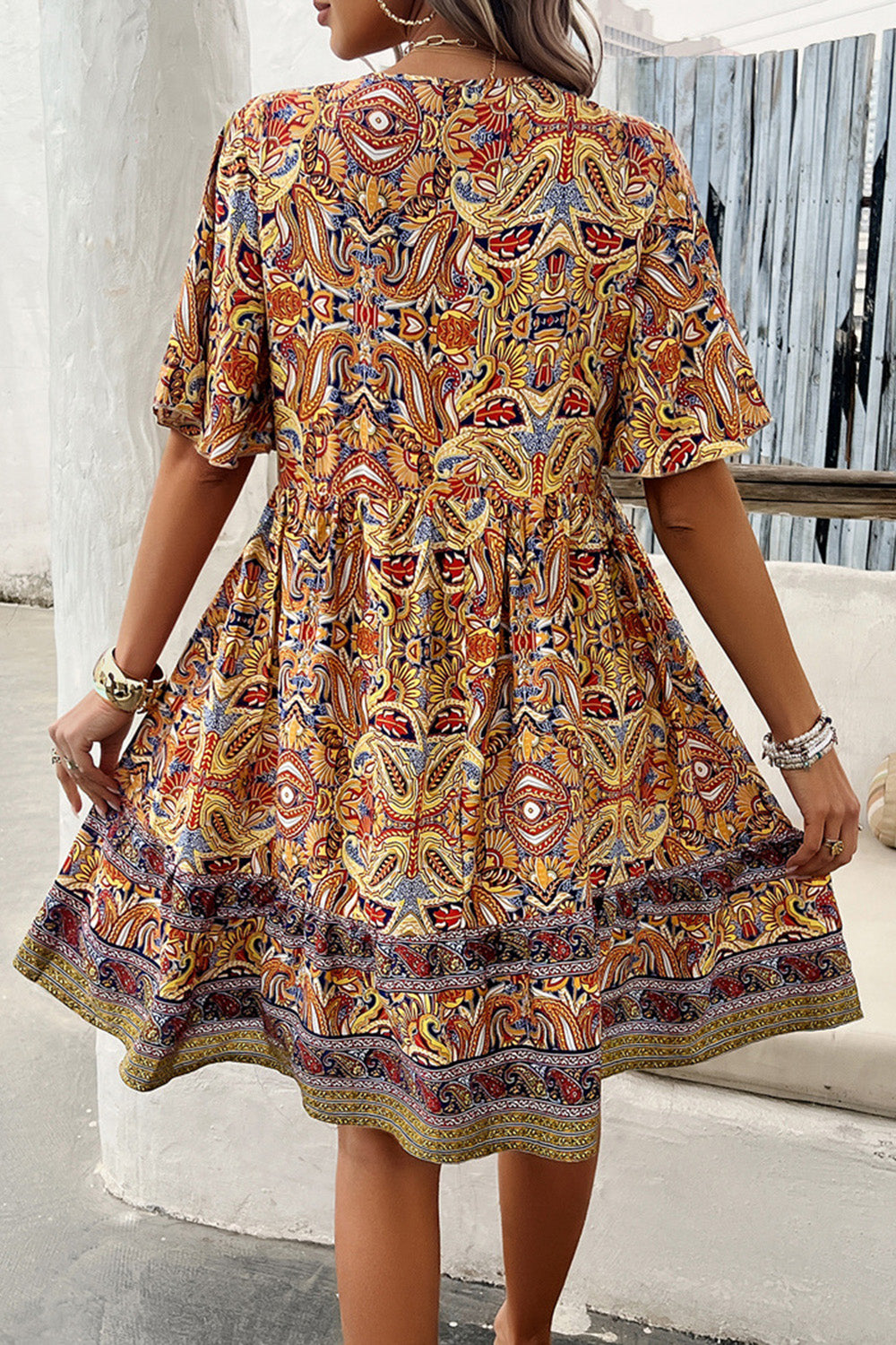 Printed V-Neck Half Sleeve Mini Dress