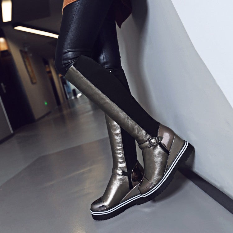 High-top Patent Leather One-step High-heeled Wedge-heeled Plus Size Women's Boots