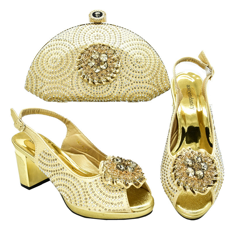 Block Heel Buckle Sandals With Rhinestone Bag