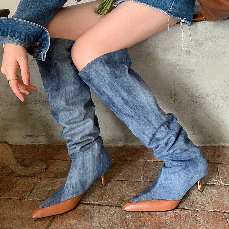 Zapatos De Tacón Alto Botas Plisadas Con Punta Puntiaguda Tubo Grande Azul Denim