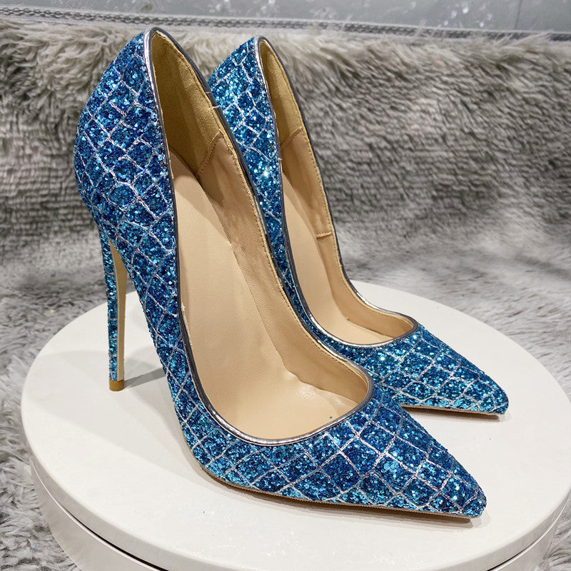 Zapatos de boda de tacón alto con lentejuelas azules todos los días