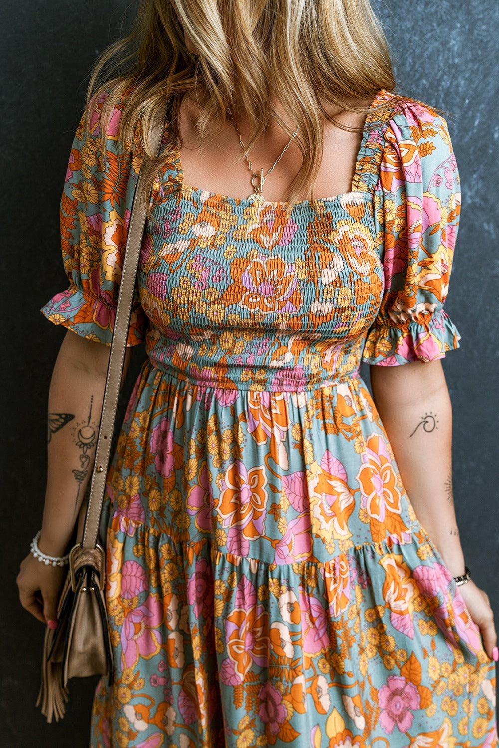 Smocked Printed Short Sleeve Dress