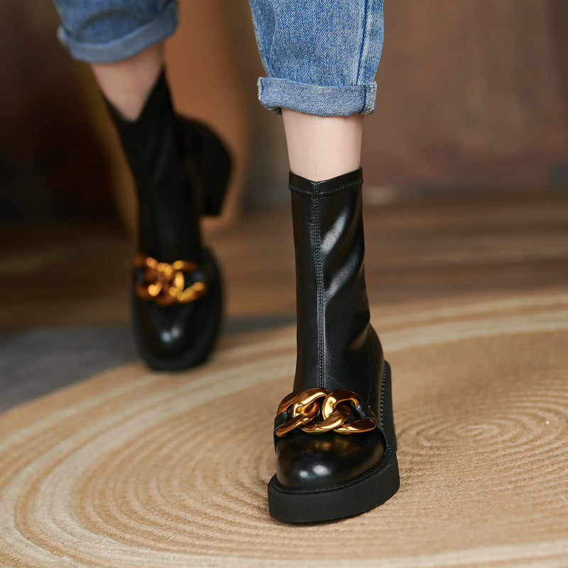 Metal Buckle Thick Heel French High-heeled Solid Color Boots With Round Toe