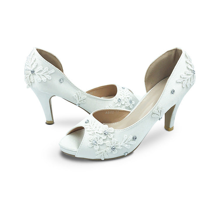 New White Lace Flower Ribbon Stiletto Wedding Shoes