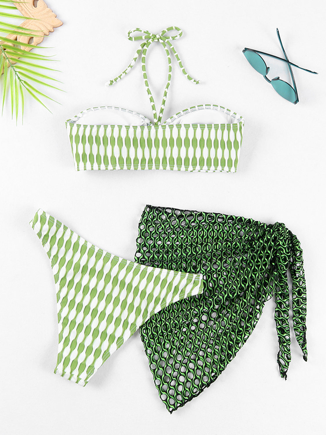 Geometric Halter Neck Three-Piece Swim Set