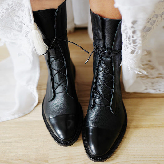 Mid-tube Locomotive Boots Lace-up Black Low-heeled