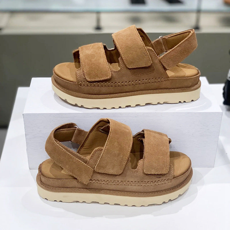 Primavera y verano nuevas sandalias de Velcro con correa inferior gruesa de cuero genuino para mujer con punta abierta que aumenta la altura