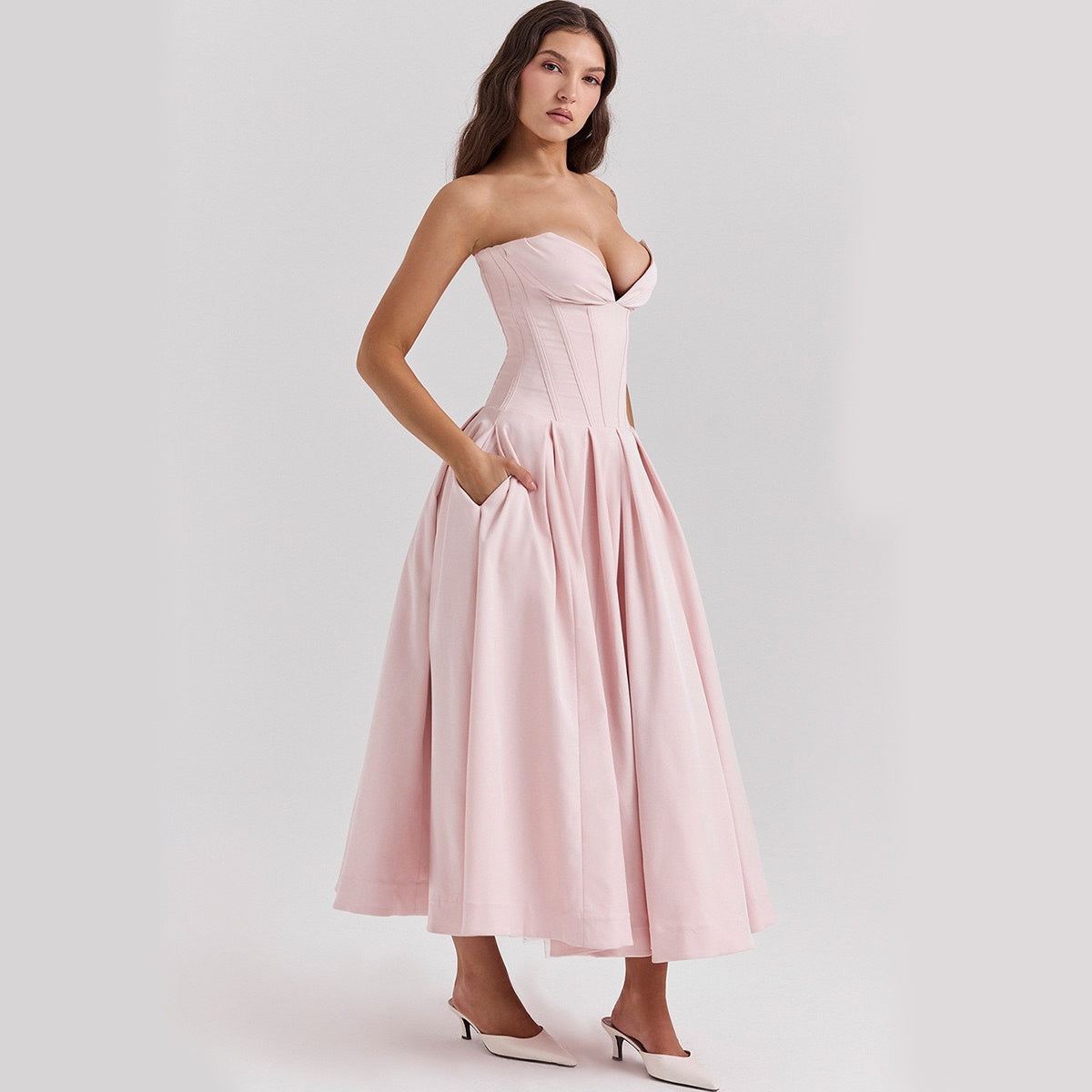 Robe bustier tubulaire à la mode avec poches, robes Corset d'été dos nu en arête de poisson pour fête de mariage