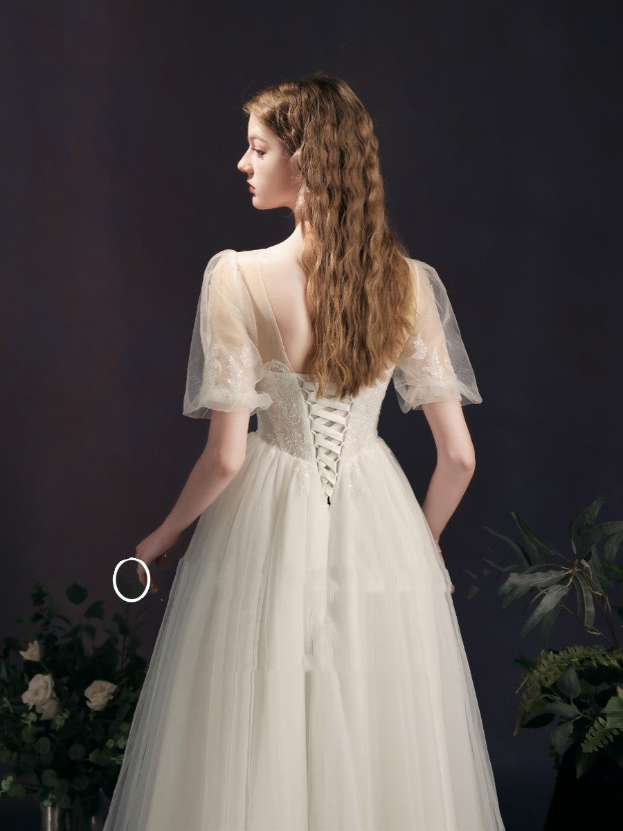 Lantern Bubble Sleeve White Yarn Skirt Mid-length Bridal Gown