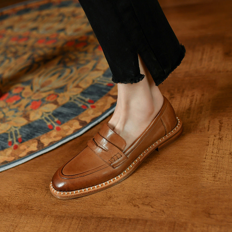 Light Brown Simple English Small Leather Shoes