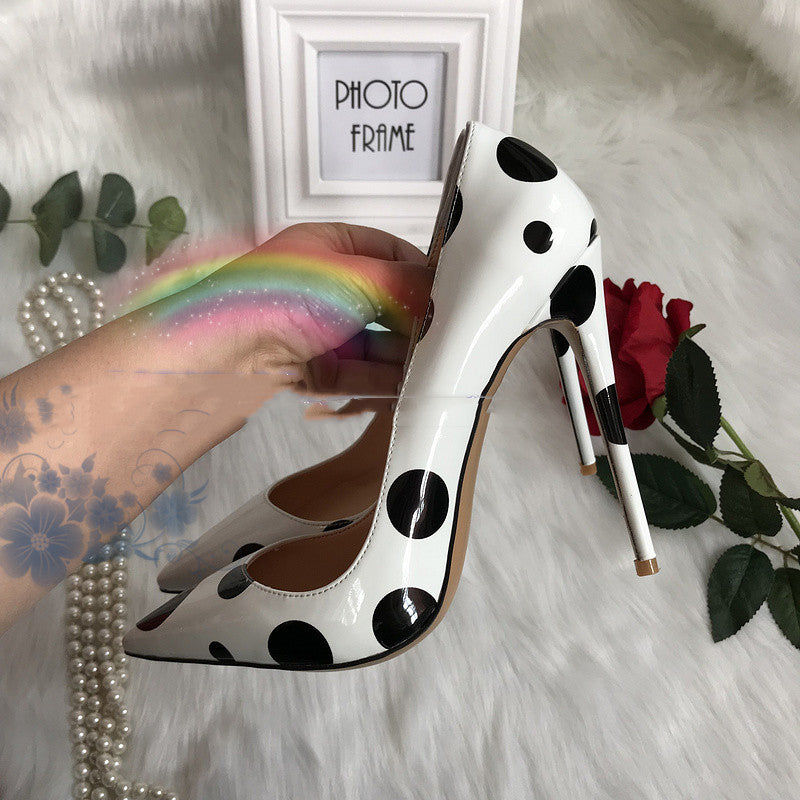 White Patent Leather Black Polka Dot High Heels