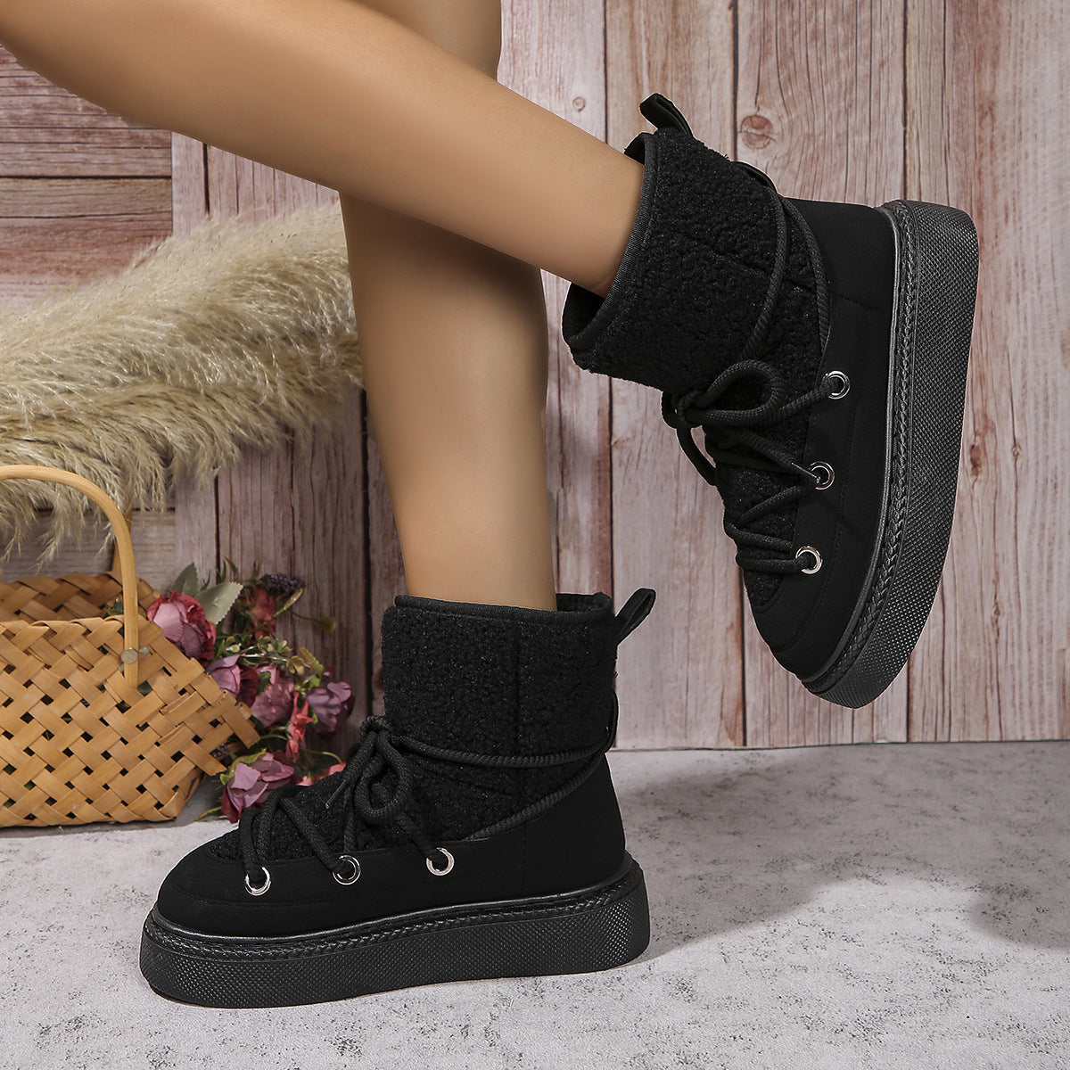 Botas de nieve con cordones de moda para mujer, zapatos de algodón de suela gruesa y plana para invierno, botas cortas cálidas e informales que mejoran la altura