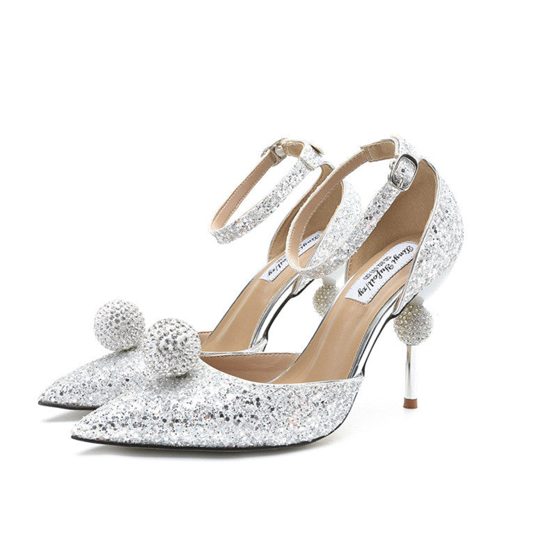 Fashion Rhinestone Silver Pointed High Heels Single Shoes