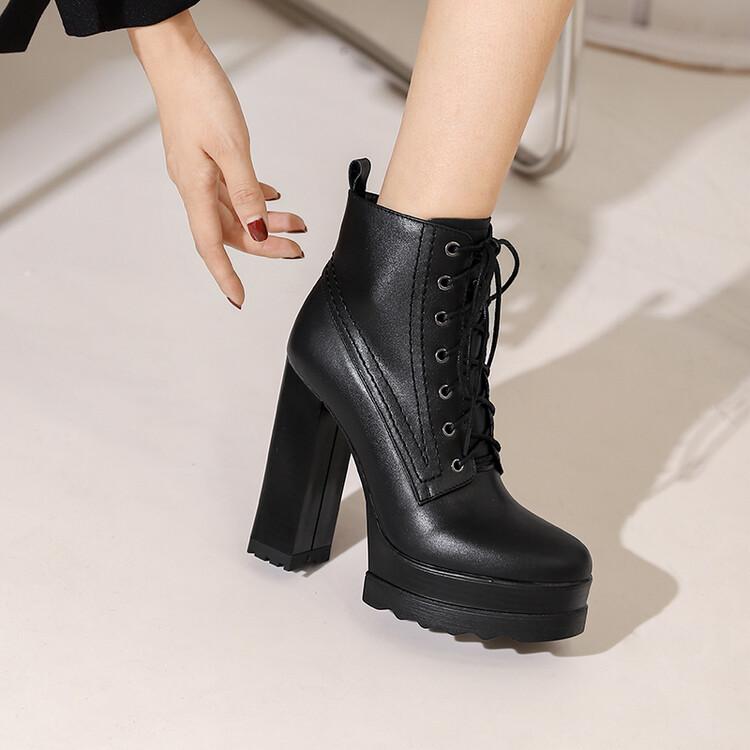 14cm Platform Lace-Up Martin Boots Round Toe Chunky Heel