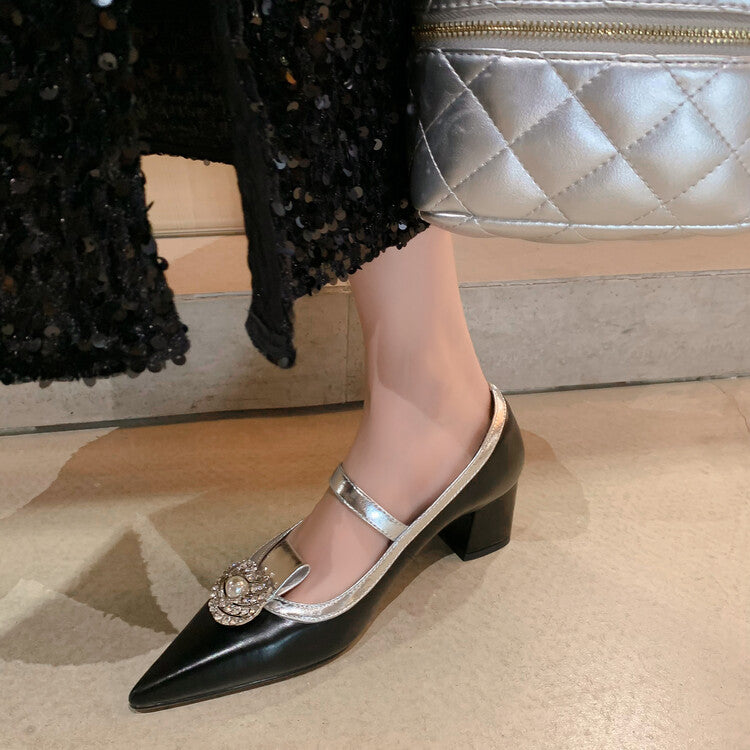 Chaussures à talons hauts avec boucle en cuir pour femmes, escarpins de luxe à bout pointu, bouche peu profonde, strass, talons épais