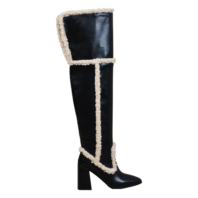 Lamb Hair Square Head Leather Thick Heel High Boot