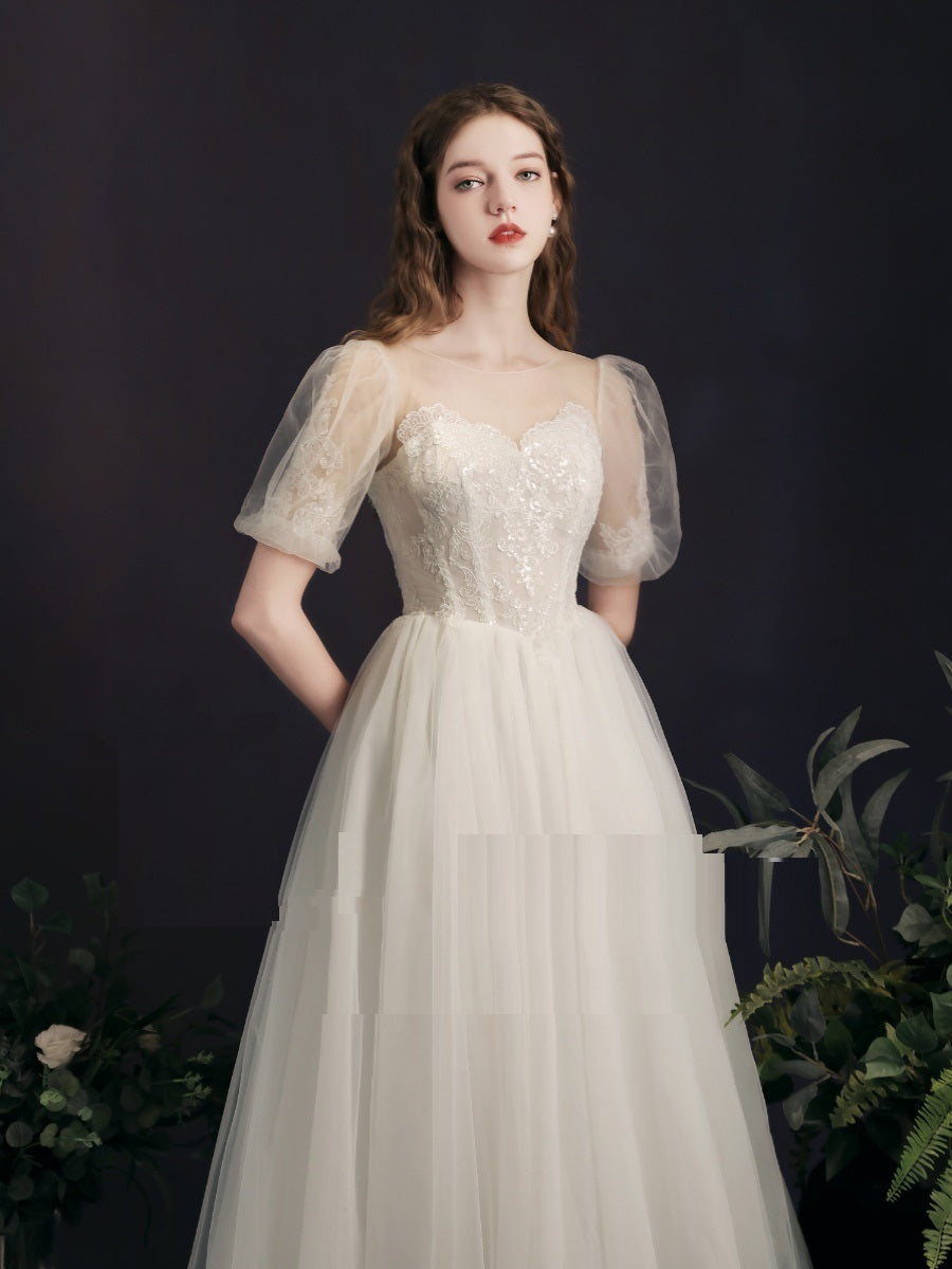 Lantern Bubble Sleeve White Yarn Skirt Mid-length Bridal Gown