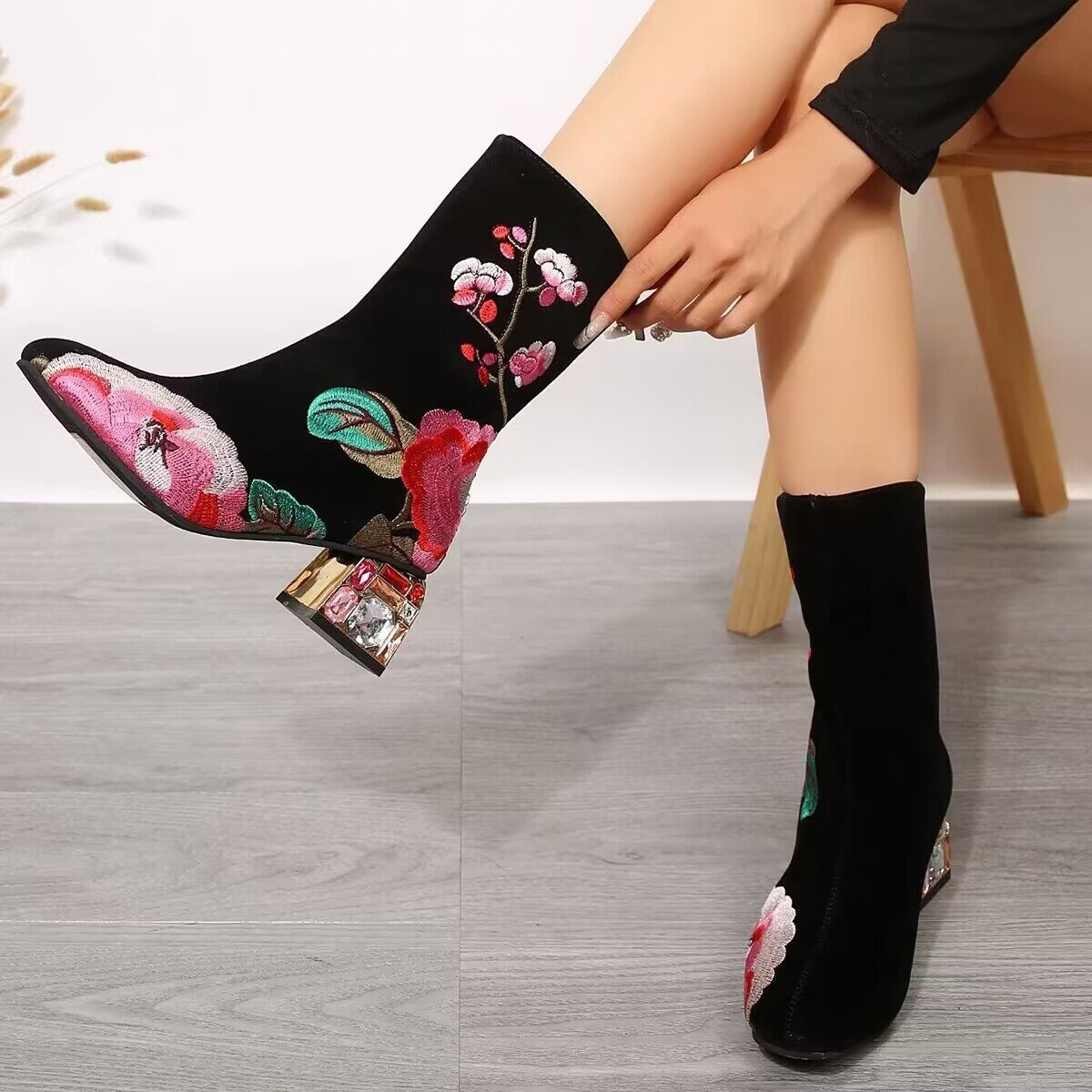 Bottes mi-mollet à fleurs pour femmes, broderie vintage, automne et hiver