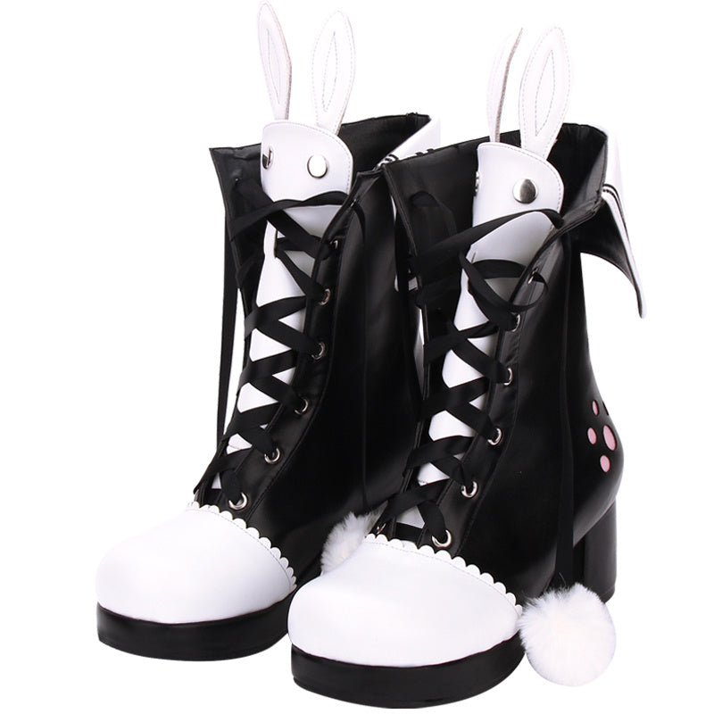 Bottes d'hiver en dentelle avec oreilles de lapin brodées et talons épais, bottes Lolita