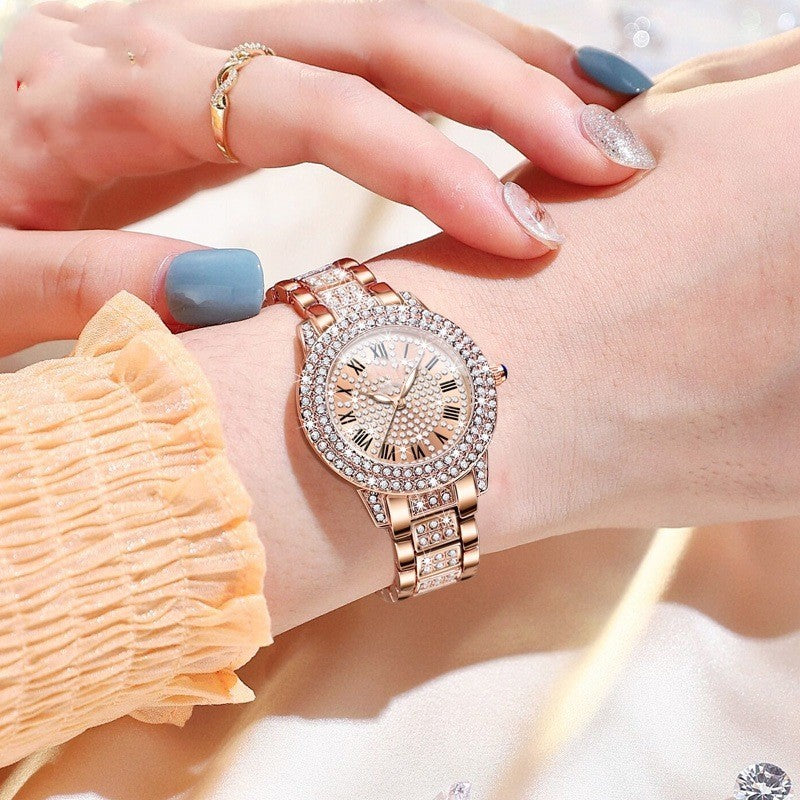 Exquisito y elegante reloj de cuarzo brillante con diamantes.