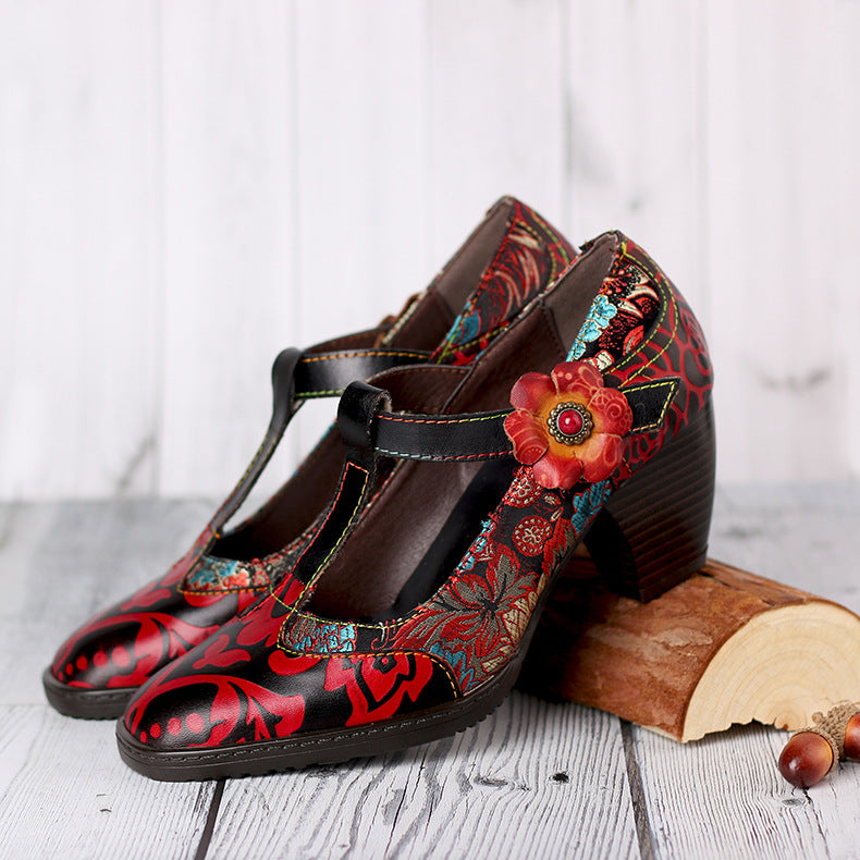 Tacones Altos Mujer Retro Moda Mujer Flores Estilo Étnico Hecho A Mano