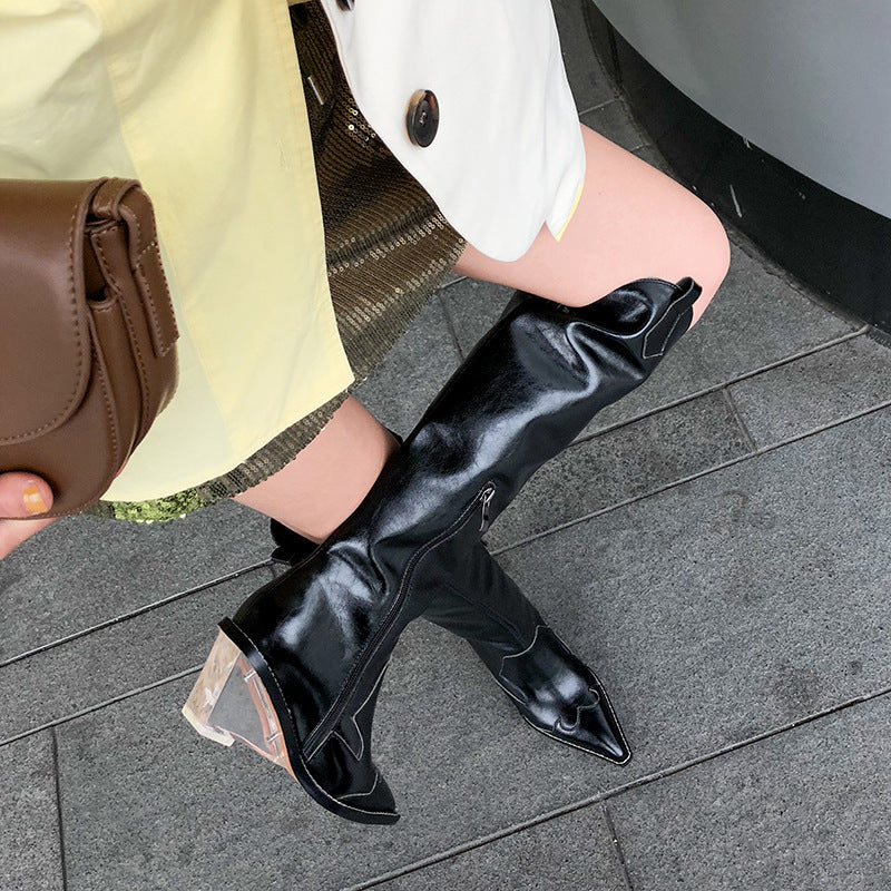 Knight Boots Female Pointed Crystal Wedges Knee-length High Martin Boots Western Cowboy Boots