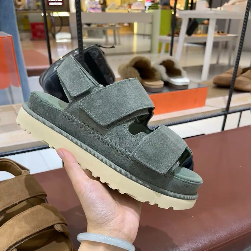 Primavera y verano nuevas sandalias de Velcro con correa inferior gruesa de cuero genuino para mujer con punta abierta que aumenta la altura