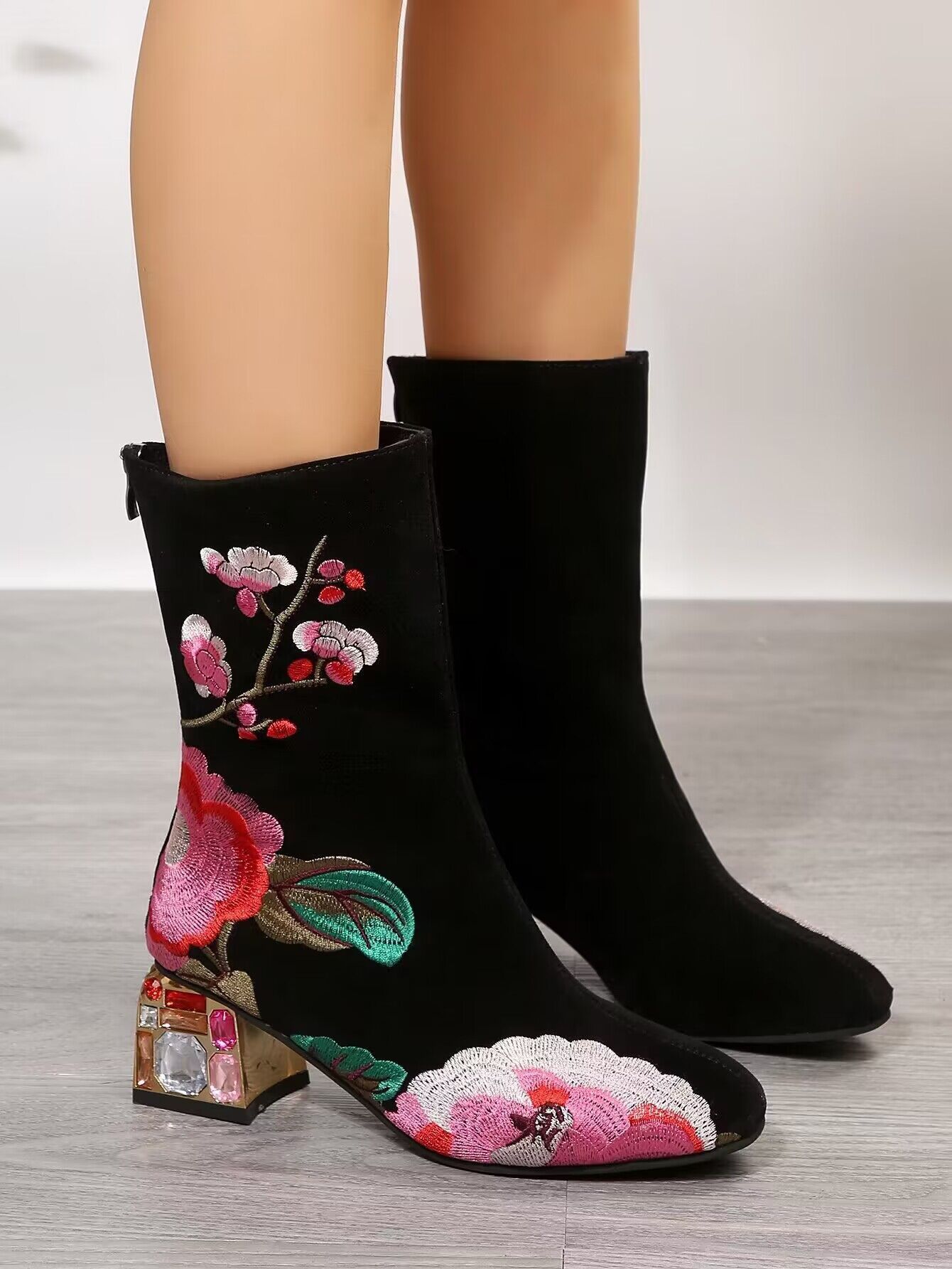 Bottes mi-mollet à fleurs pour femmes, broderie vintage, automne et hiver