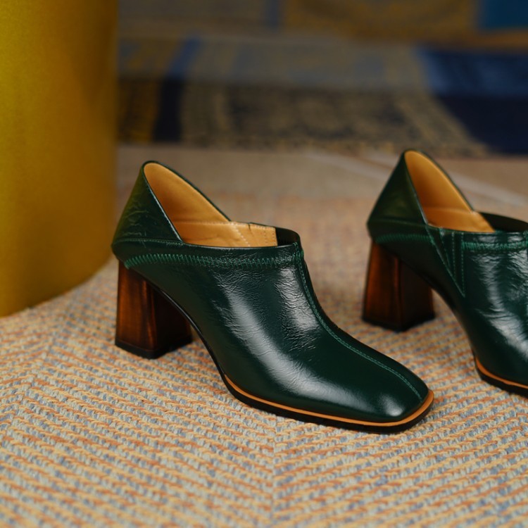 Autumn Cowhide Simple Dark Green Women's Shoes