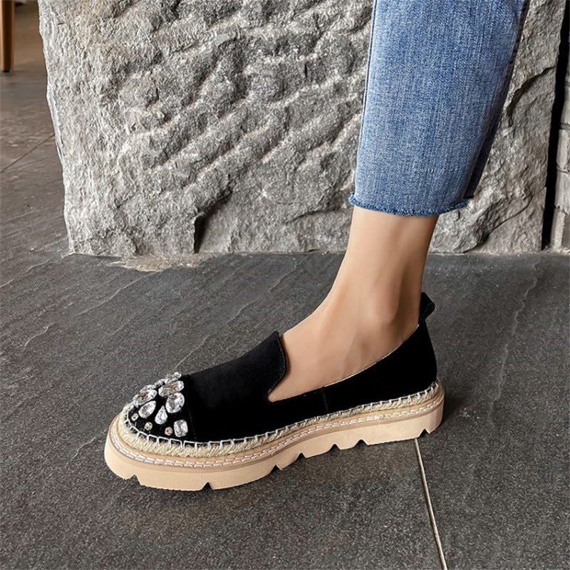 Fashionable Rhinestone Round Toe Comfortable Platform Loafers