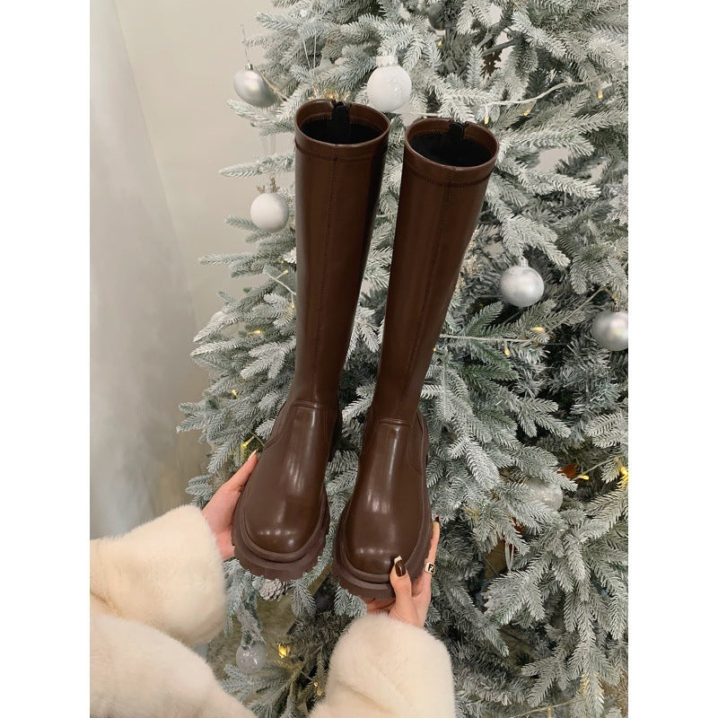 Cowhide Version Platform Knee-high Boots Women's Small Elastic