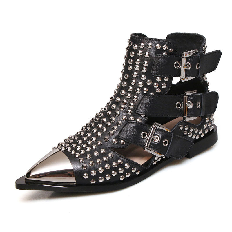 Fine Pointed Toe Low Heel Full Leather Rivet Sandals Inside And Outside