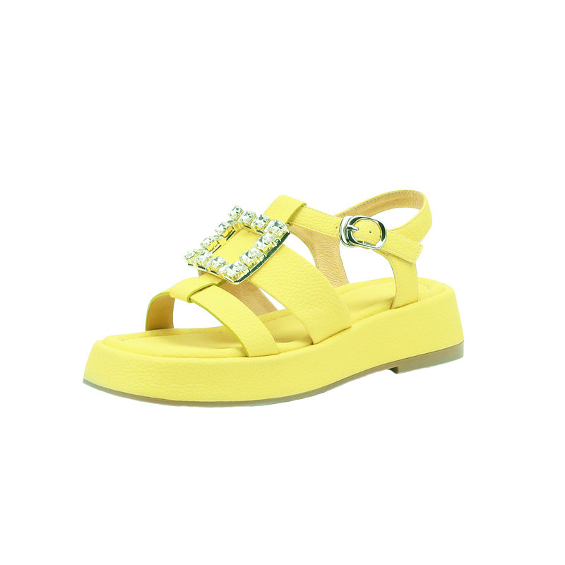 Women's Yellow Rhinestone Square Buckle Platform Roman Shoes