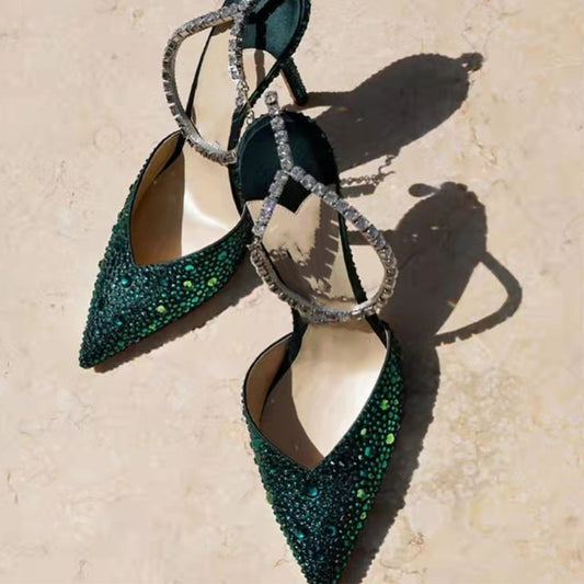 Sandales à talons hauts et à talons aiguilles avec chaîne en strass et bout creux, grande taille