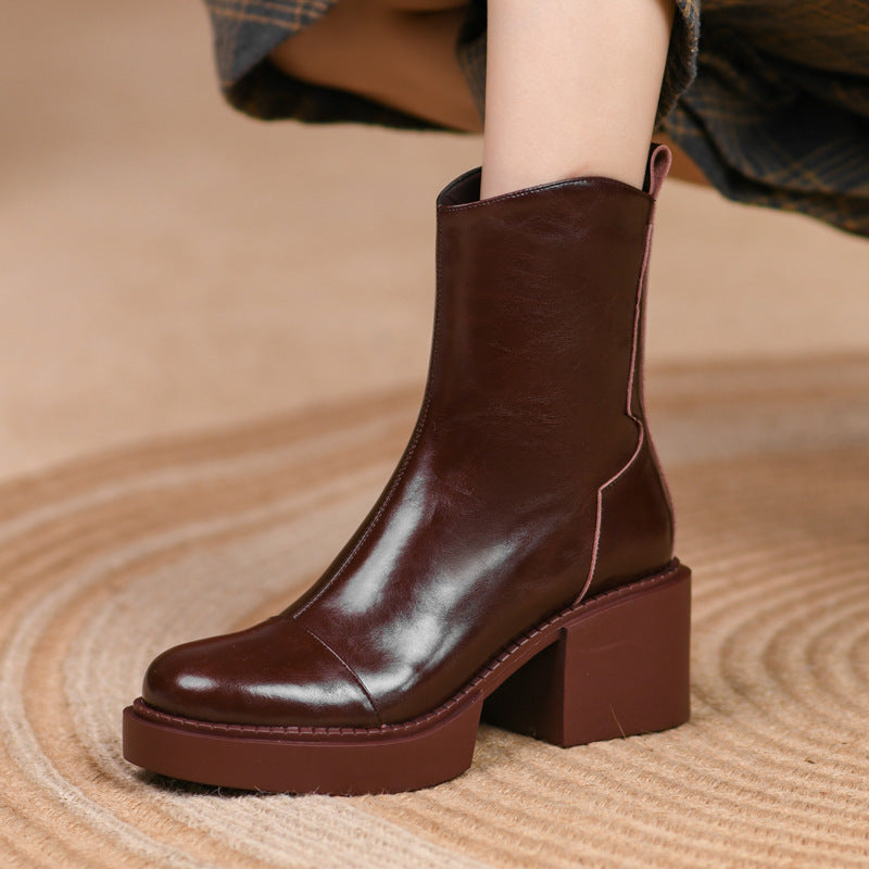 Women's Round Toe Horse Oil Leather Ankle Boots