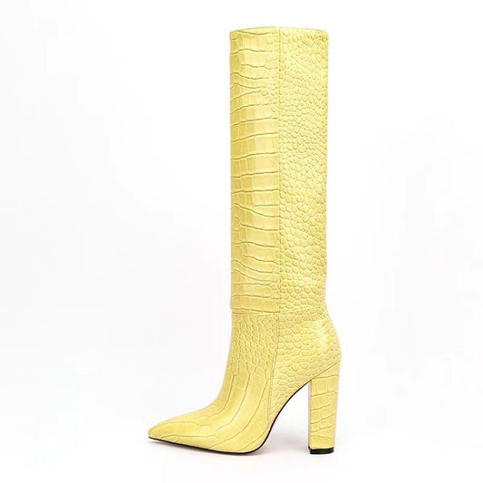 High Leg Boot Chunky Heel European And American Crocodile Pattern