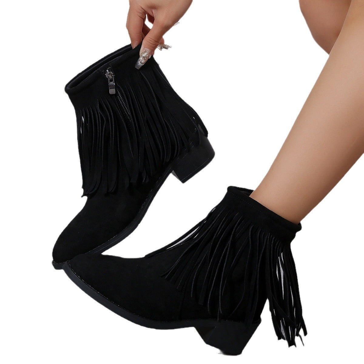 Botas cortas de moda con borlas puntiagudas de talla grande para mujer, tacón grueso, cremallera lateral