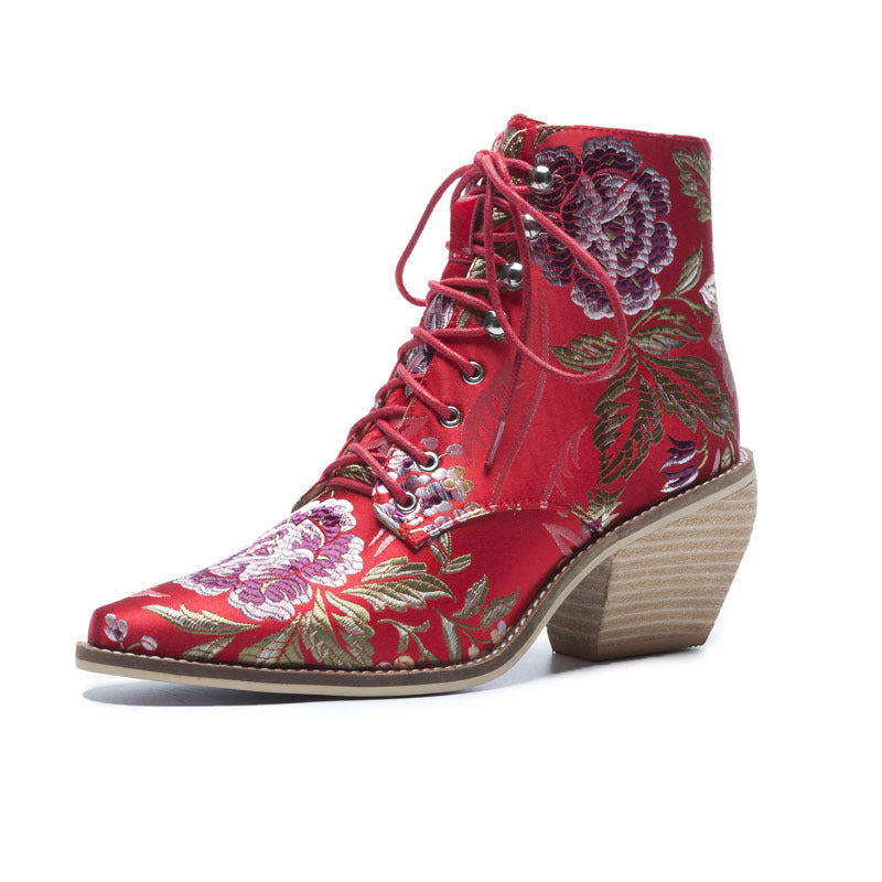 Ethnic Style Embroidered Wood-woven Thick-heeled Short Boots With Front Tie