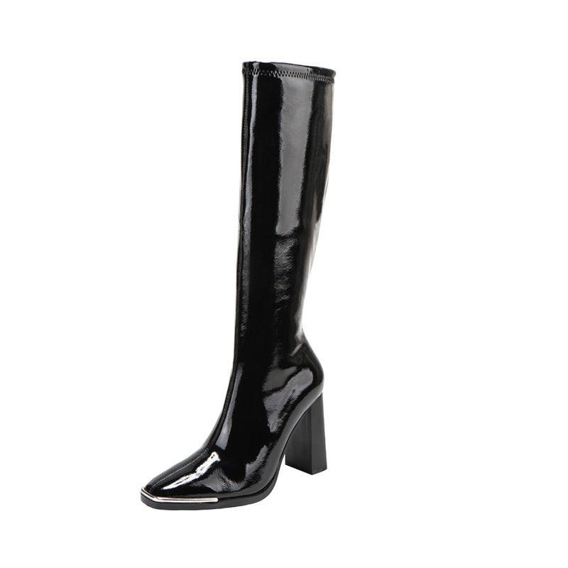 Square Head Patent Leather High Heel High Tube Knight Boots