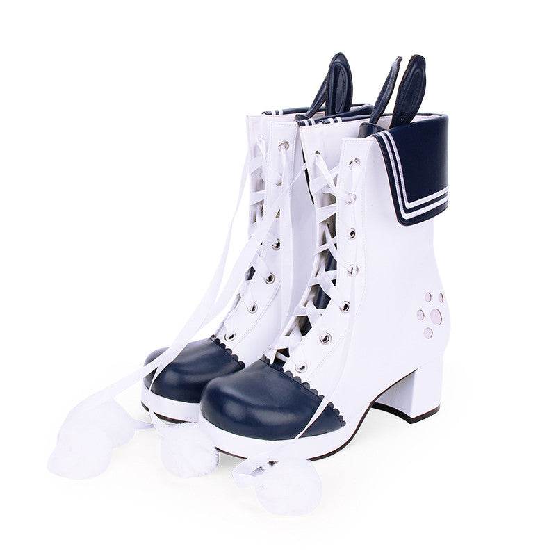 Bottes d'hiver en dentelle avec oreilles de lapin brodées et talons épais, bottes Lolita