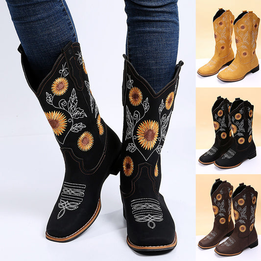 Botas vaqueras para mujer, zapatos con bordado de girasoles, botas vaqueras de tacón bajo