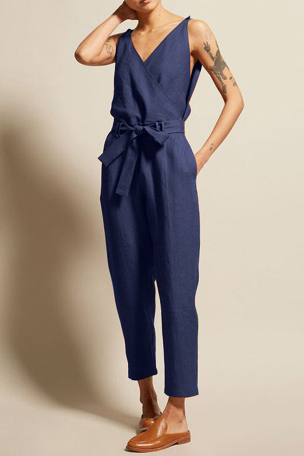 Full Size Surplice Sleeveless Jumpsuit