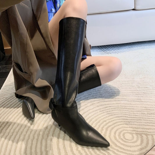 Women's Stiletto Bow High Cowhide Boots