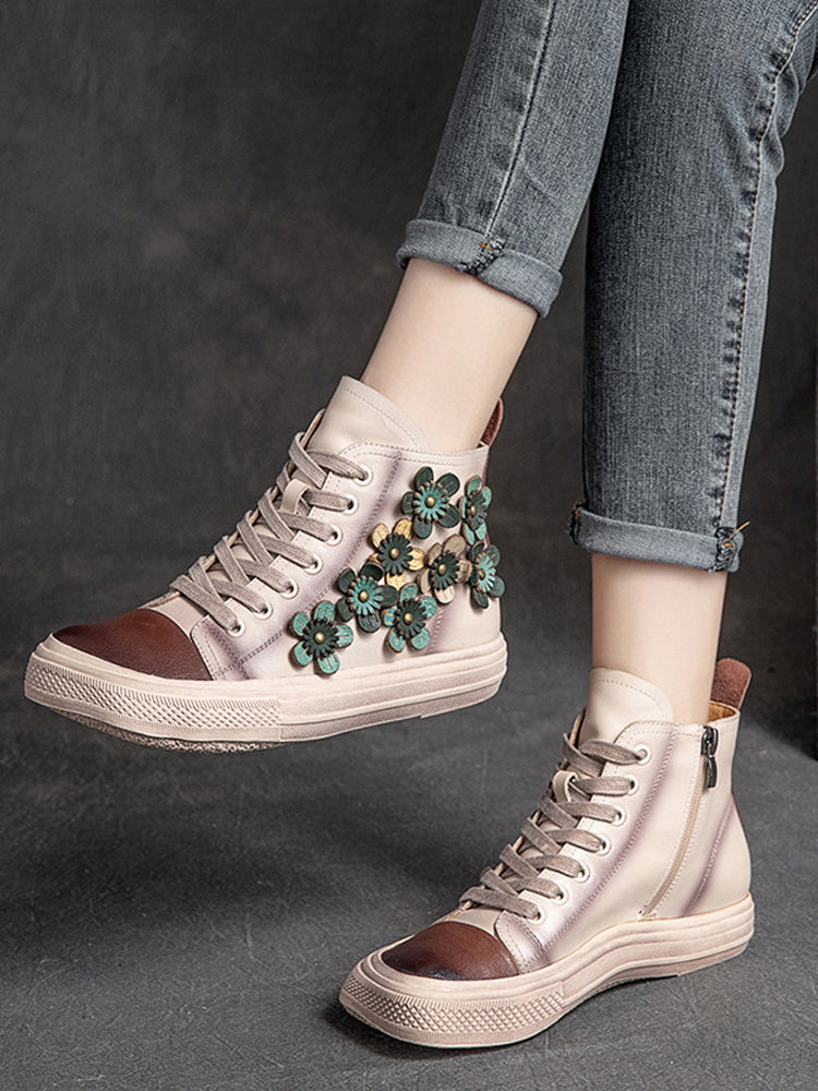 Zapatos altos con cabeza cuadrada y flores en contraste para mujer