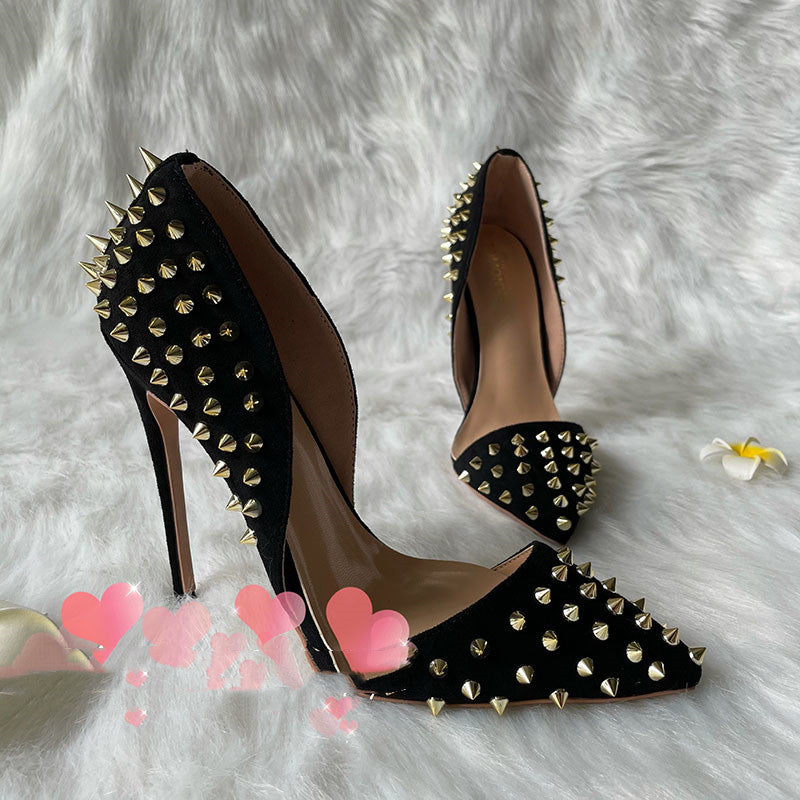 Women's Shoes Black Suede Gold Rivet