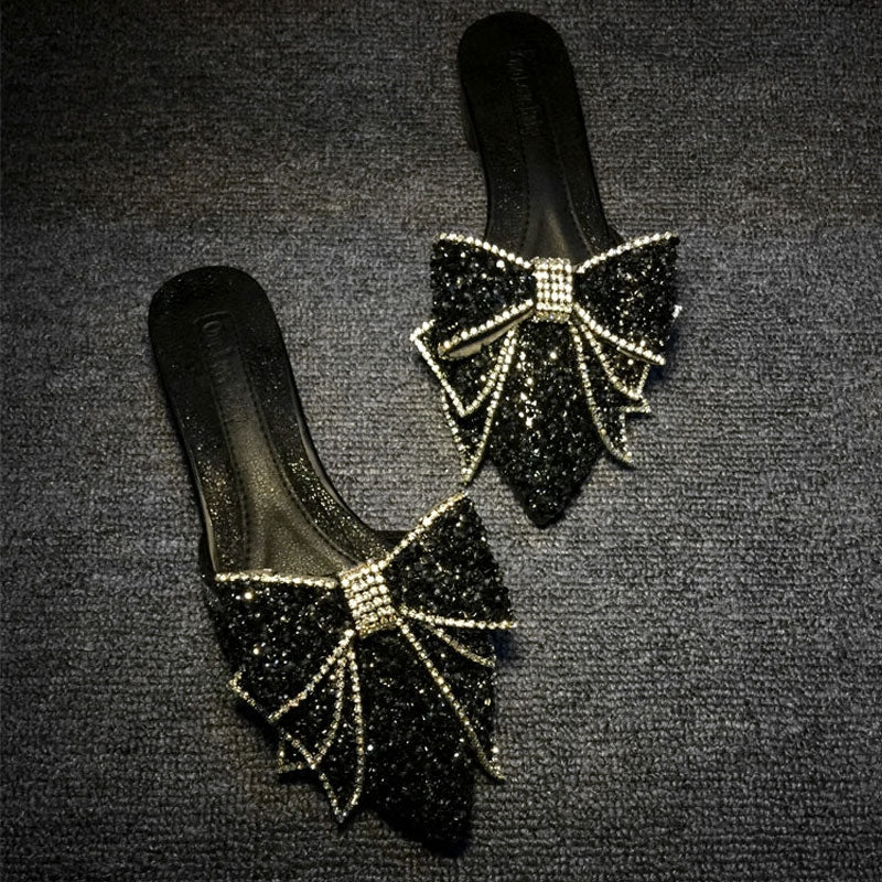 Fashion Women's Rhinestone Pointed Bow Half Slippers